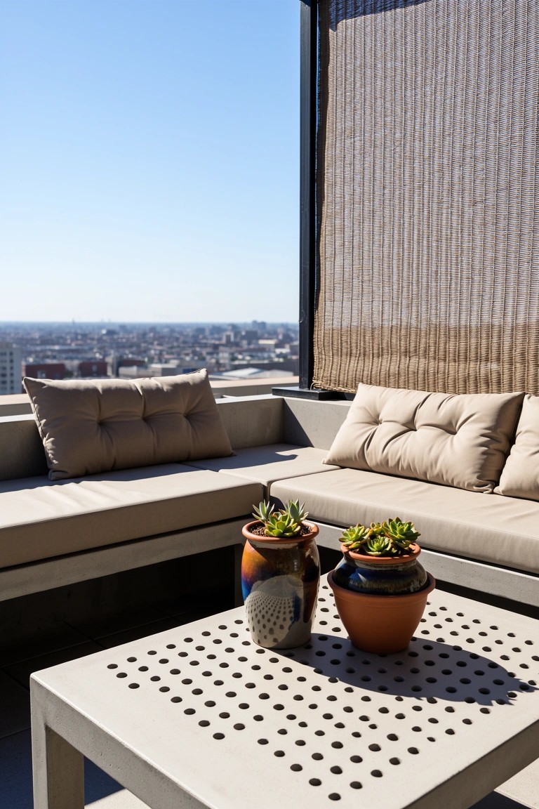Minimalist boho balcony with built-in beige cushioned bench, terracotta succulent pots on perforated table, and reed screens