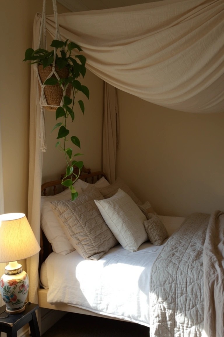 Minimalist bedroom with beige fabric canopy draped over bed frame, pothos plants hanging from macrame, neutral pillows and quilt, bedside lamp and vase