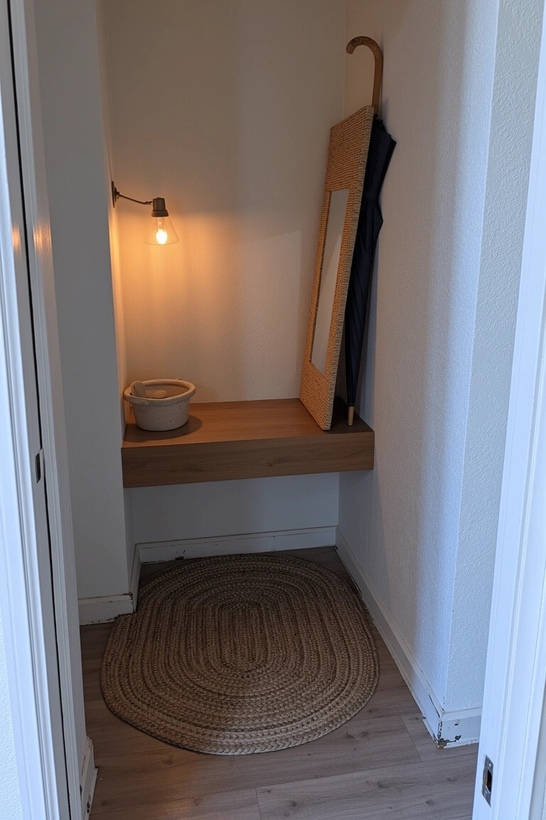 Narrow white closet alcove featuring oak wood shelf with ceramic bowl, tall leaning rattan coat rack holding dark coat and umbrella, lit wall lamp, and round seagrass rug on light wood floor