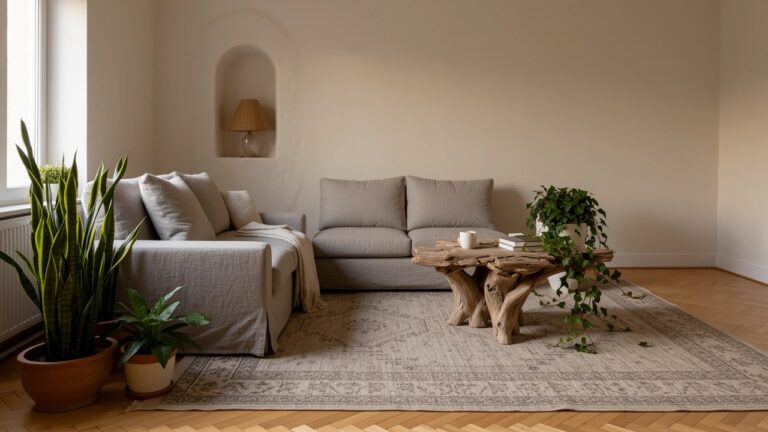 Minimalist boho living room corner with cream sofa, natural root wood coffee table, potted plants, and arched niche lamp on beige walls
