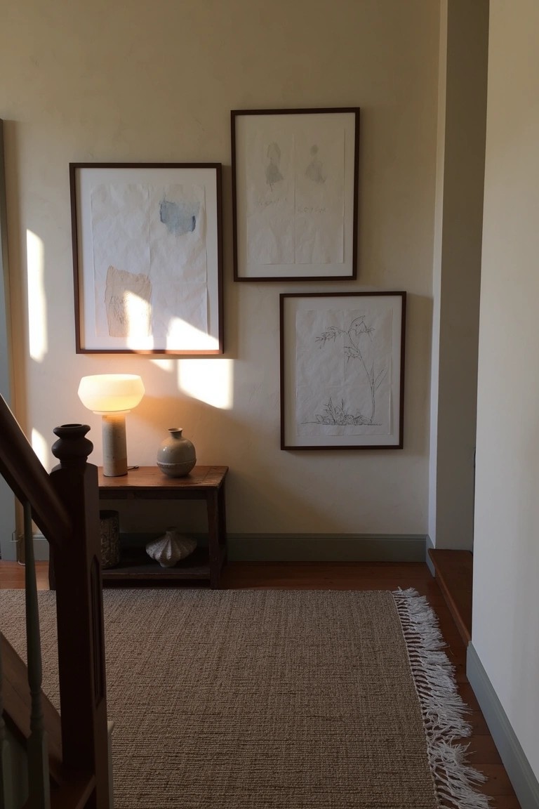 Neutral hallway corner with wooden side table holding ceramic lamp and vase, abstract line drawings in white frames on beige walls, seagrass rug on wood floor