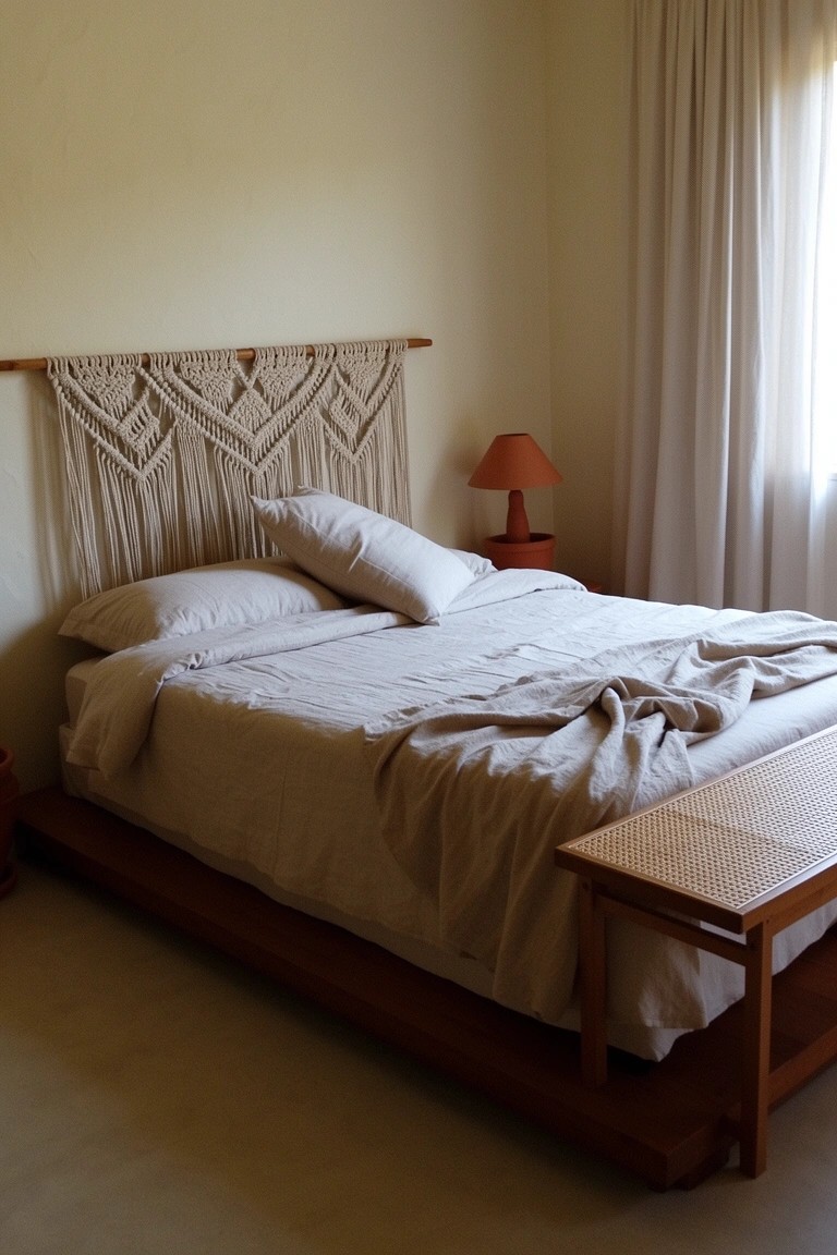 Minimalist bedroom with light macrame wall hanging above a low wooden bed draped in neutral linens