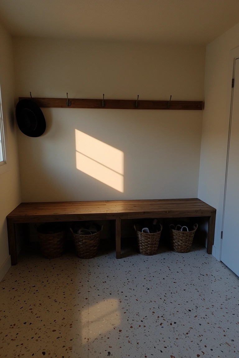 Wooden bench in a mudroom with wicker baskets for storage underneath and hooks above for coats