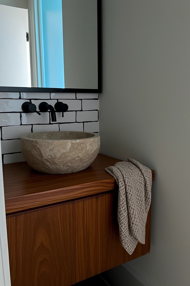 Minimalist boho bathroom vanity with rough beige stone vessel sink on warm wood counter, matte black faucets over white subway tile, and textured towel draped on edge