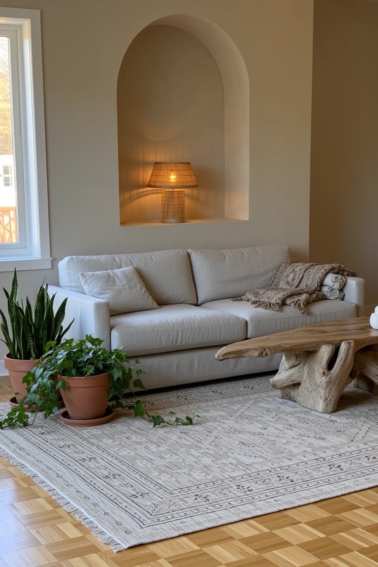 Minimalist boho living room corner with cream sofa, natural root wood coffee table, potted plants, and arched niche lamp on beige walls