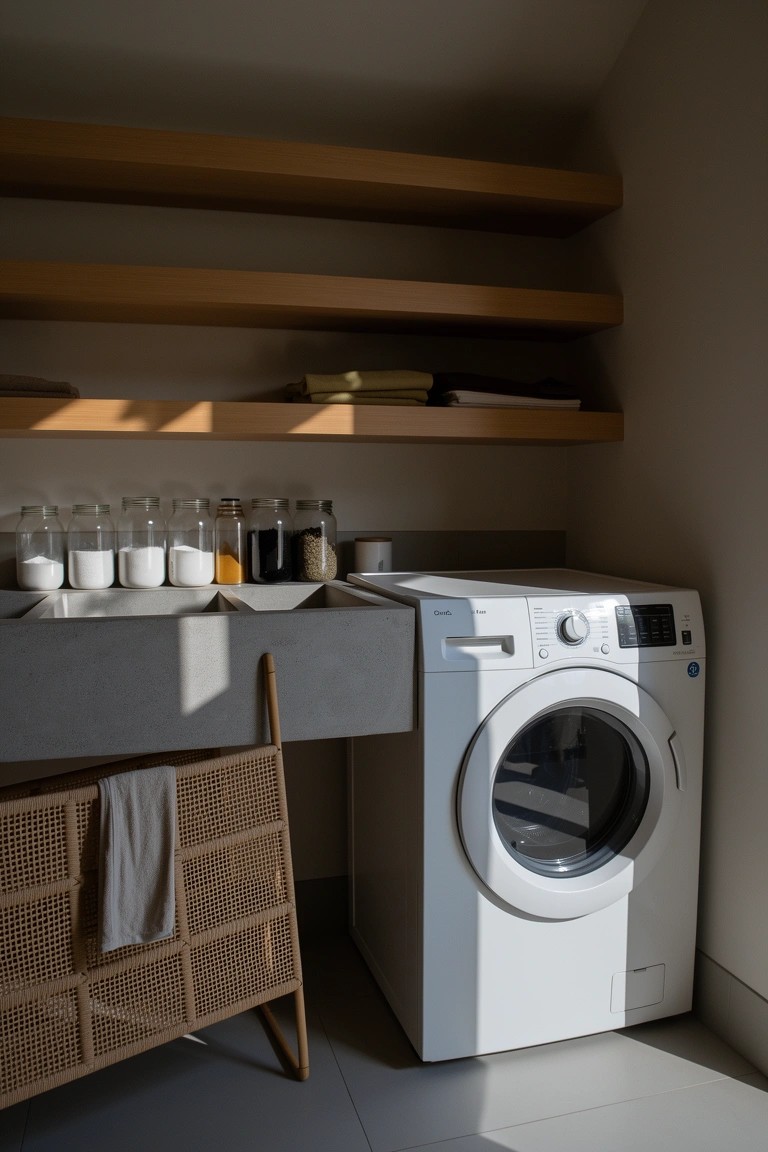Minimalist laundry nook with open wooden shelves holding glass jars of supplies, concrete sink, white washer, and rattan laundry basket