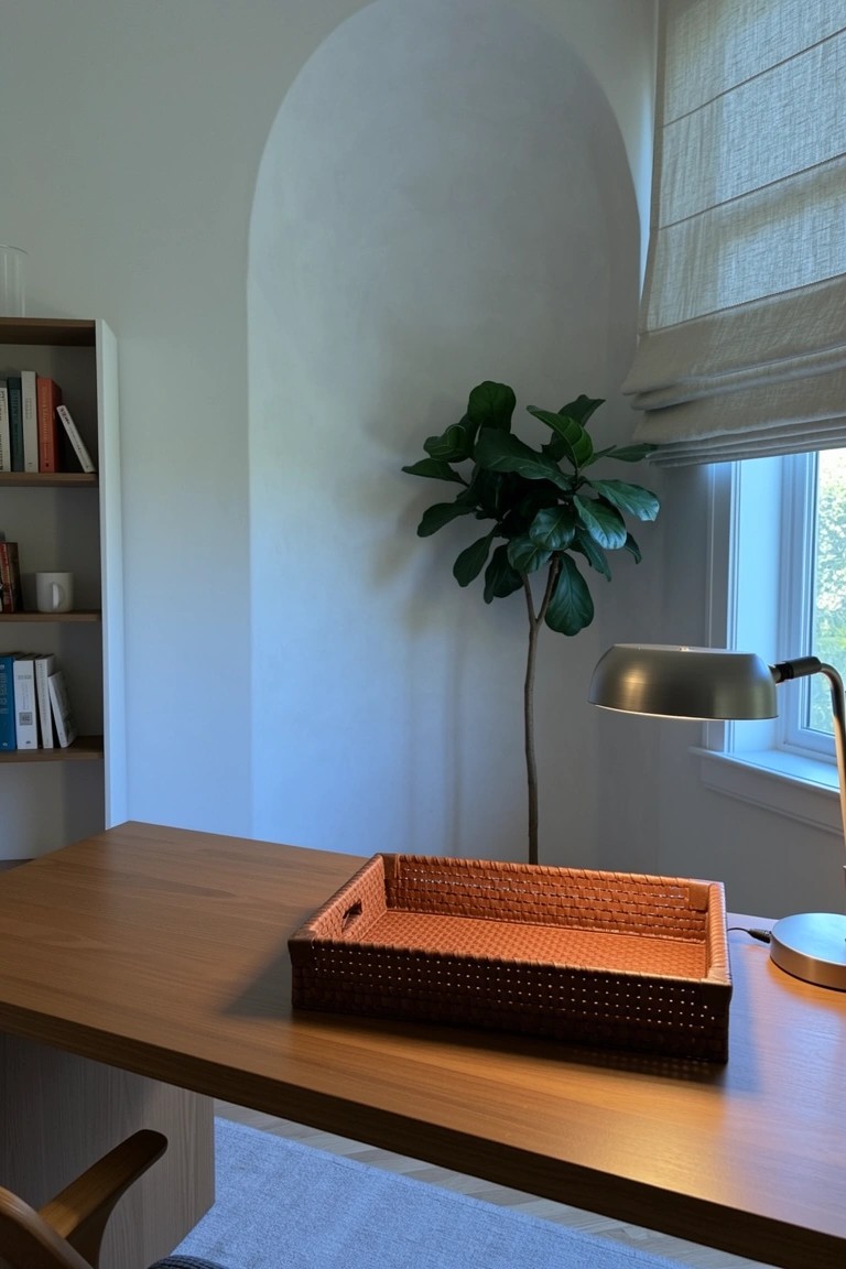 Arched wall niche with tall fiddle leaf fig plant next to wooden desk holding woven orange tray in minimalist room