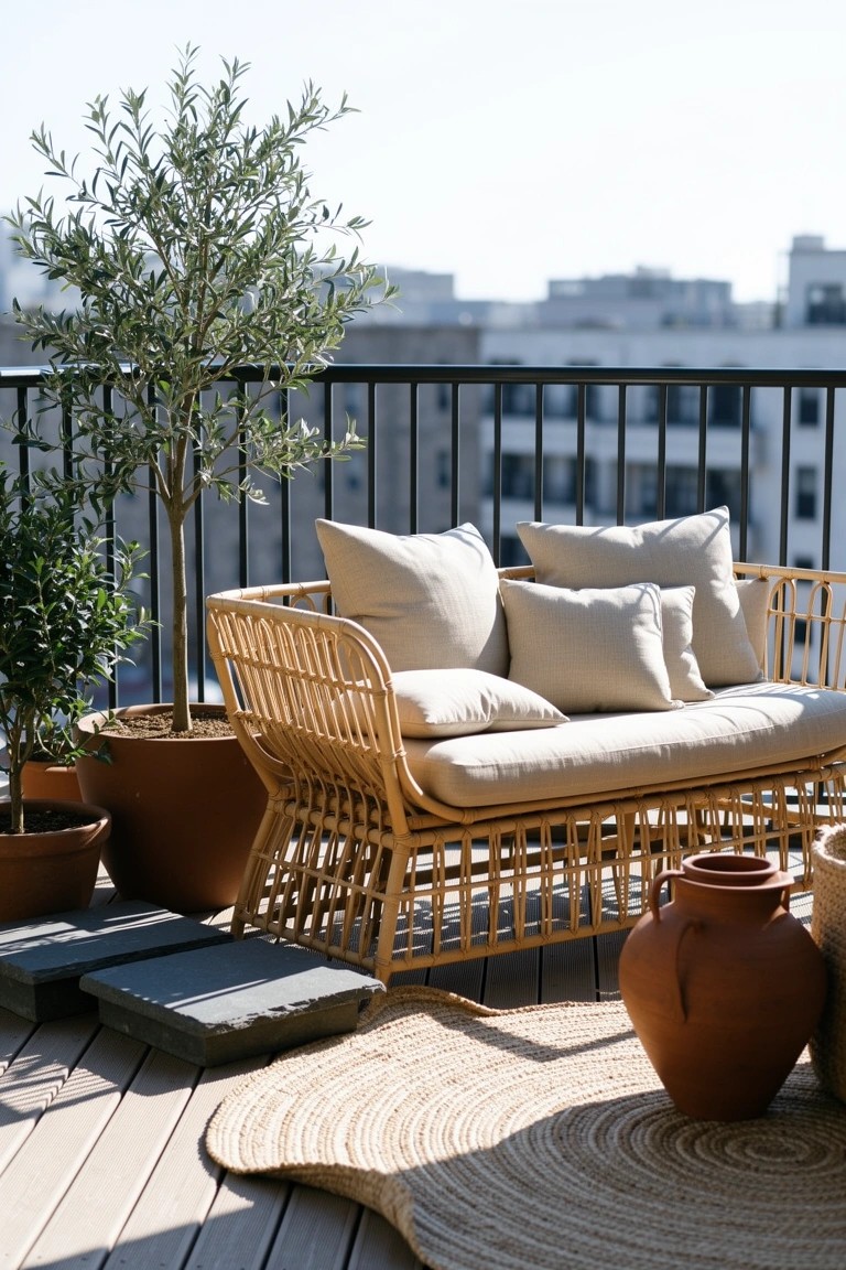 Rattan loveseat with beige cushions on a wooden balcony deck surrounded by potted plants and terracotta pots