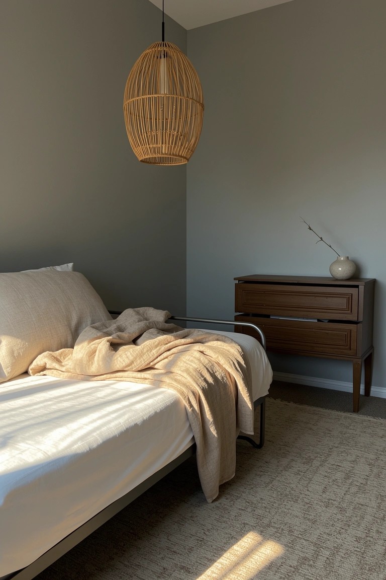 Bedroom corner with gray walls, hanging rattan pendant lamp, wooden dresser holding a vase with branch, and metal bed frame draped in beige throw