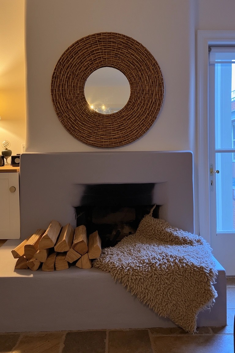 Large round rattan mirror above minimalist white fireplace with firewood stack and fluffy blanket on hearth
