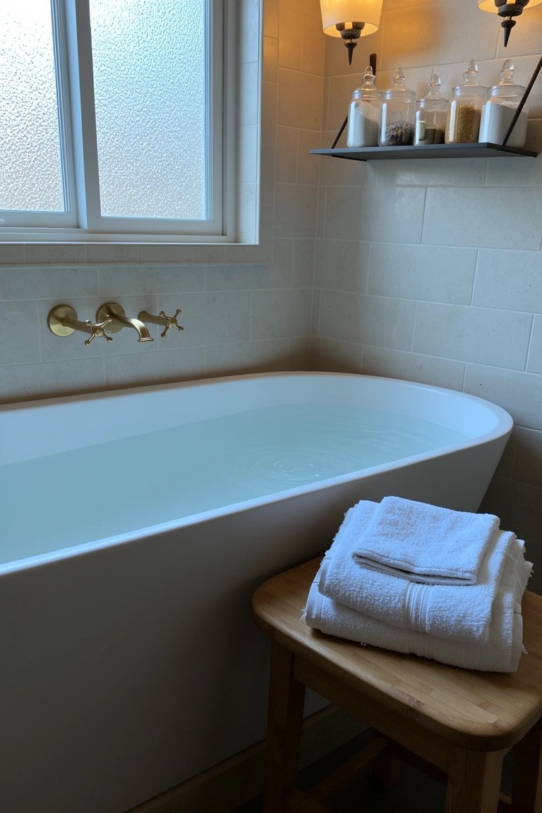 White freestanding bathtub in minimalist bathroom with wood stool stacked with towels nearby