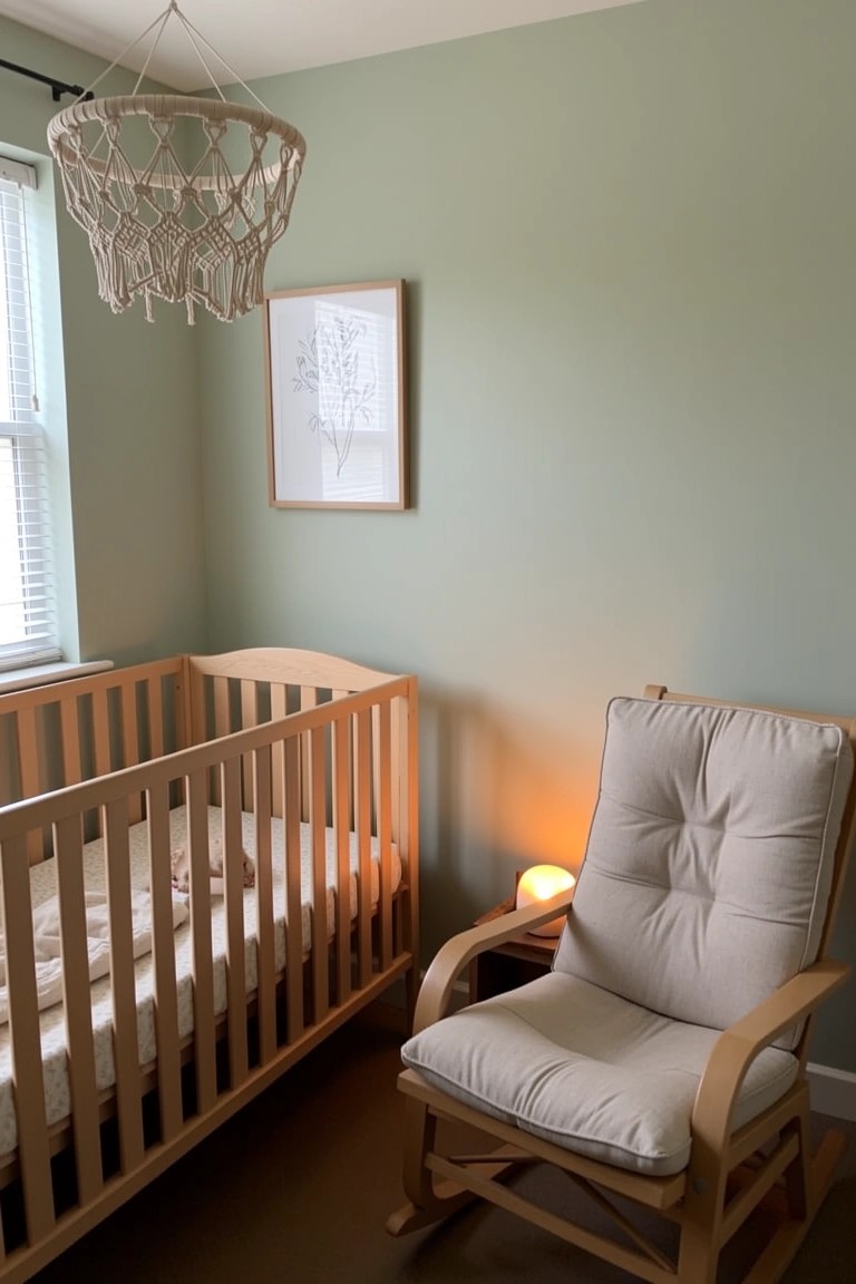 Pale green nursery with wooden crib, cushioned rocking chair, macrame hanging decor, side lamp, and simple wall art