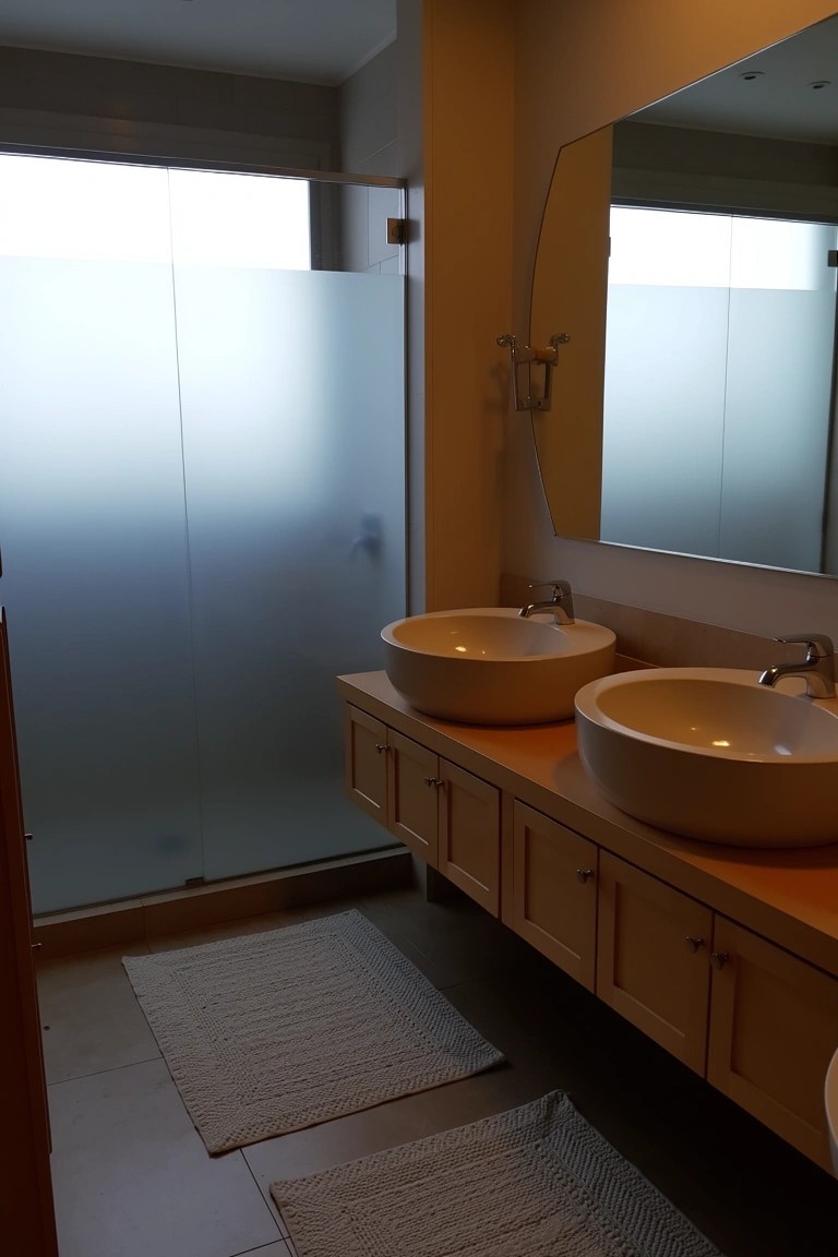 Light wood double vanity with white vessel sinks in a minimalist bathroom next to frosted glass shower