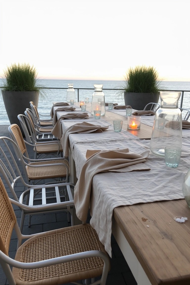 Long wooden dining table outdoors draped in beige linens, set with glass bottles and candles, potted grasses on a seaside terrace
