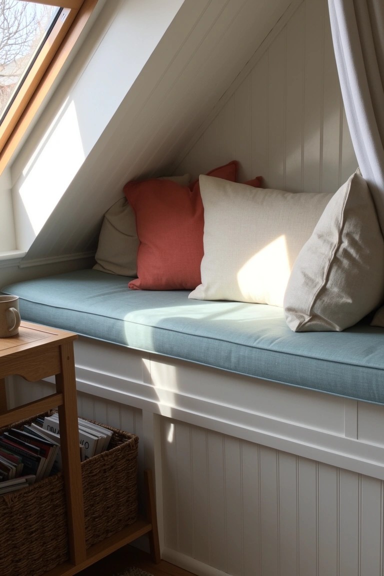 Cozy blue cushioned window seat with white and coral pillows in a light attic nook