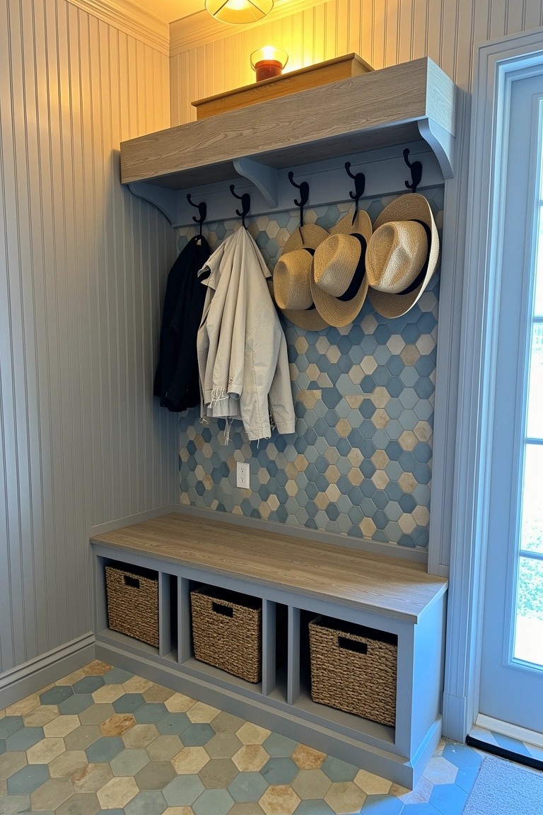 Wood entryway bench with storage baskets below, coat hooks holding hats and jackets above, and soft blue-gray hexagon tile backsplash in a light coastal mudroom