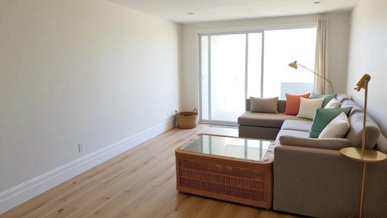 Modern coastal living room with wide plank light oak floors, gray sectional sofa accented by teal and coral pillows, rattan table, and large windows