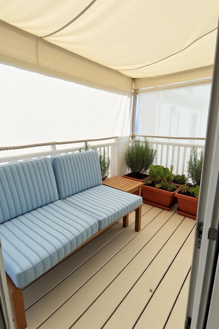 Light blue cushioned sofa on a balcony deck with beige awning and potted plants