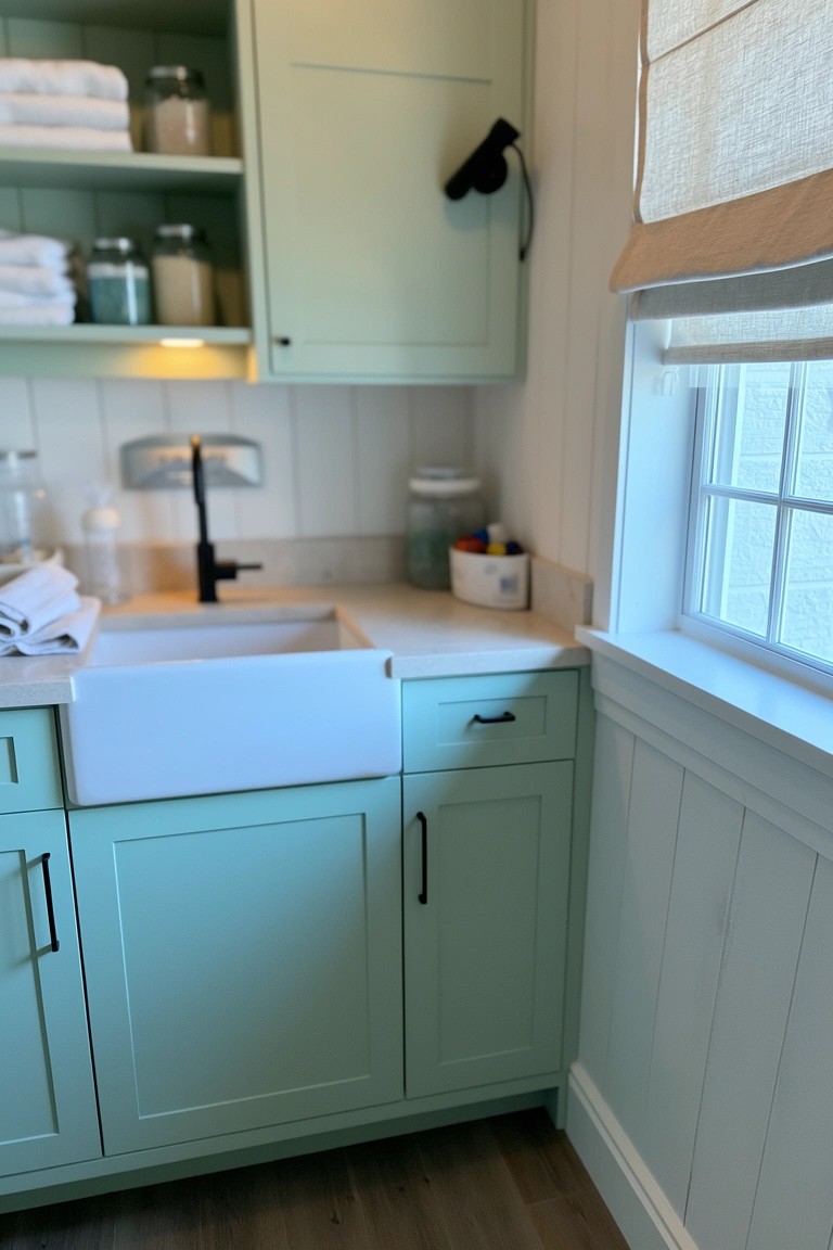Coastal laundry room with pale green cabinets, white farmhouse sink, and shiplap walls under a window