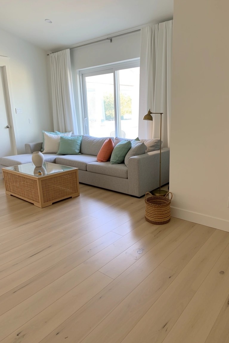 Modern coastal living room with wide plank light oak floors, gray sectional sofa accented by teal and coral pillows, rattan table, and large windows