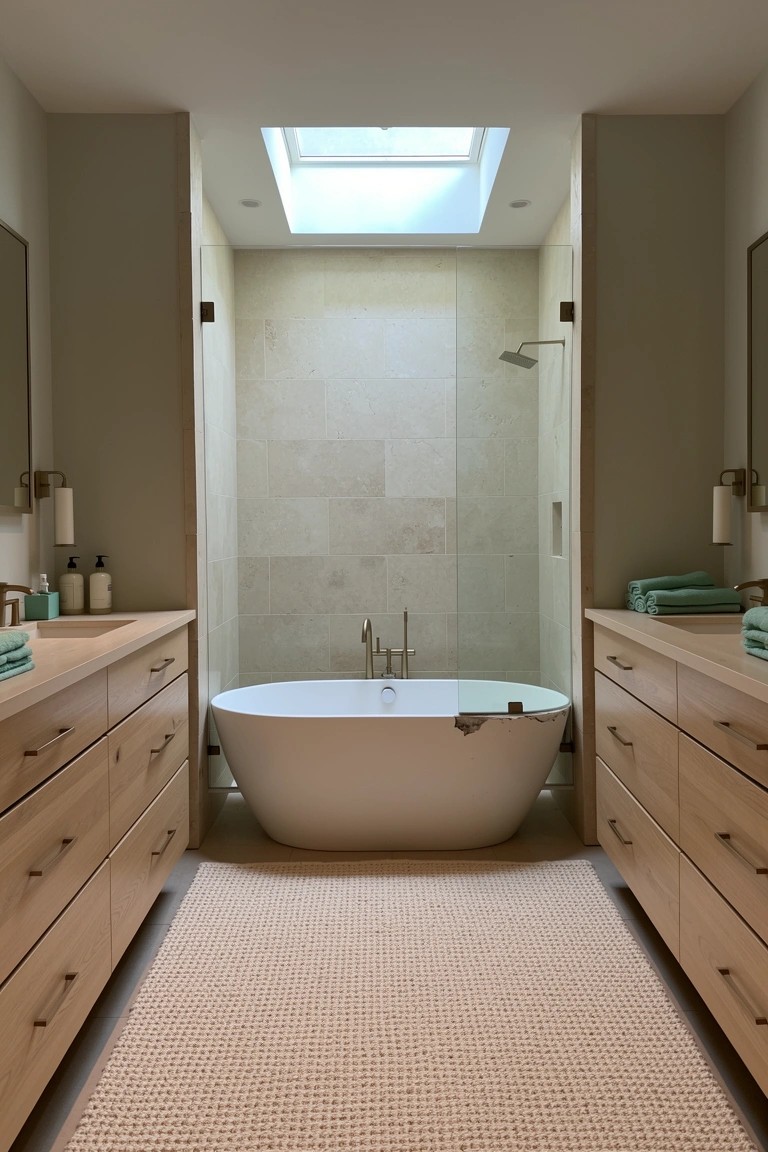 Modern coastal bathroom with light wood double vanities flanking a central white freestanding tub and neutral stone shower enclosure
