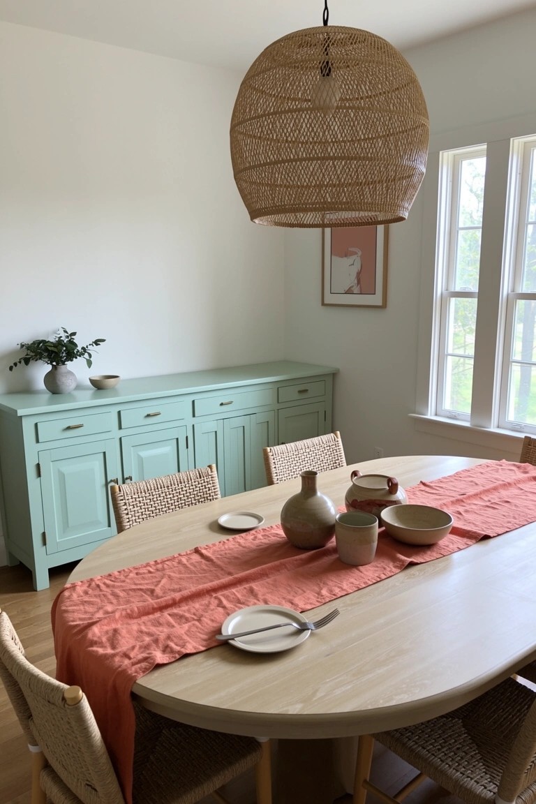 Coastal dining room with mint green credenza, oval wood table topped with orange runner and pottery, rattan chairs, and woven pendant light