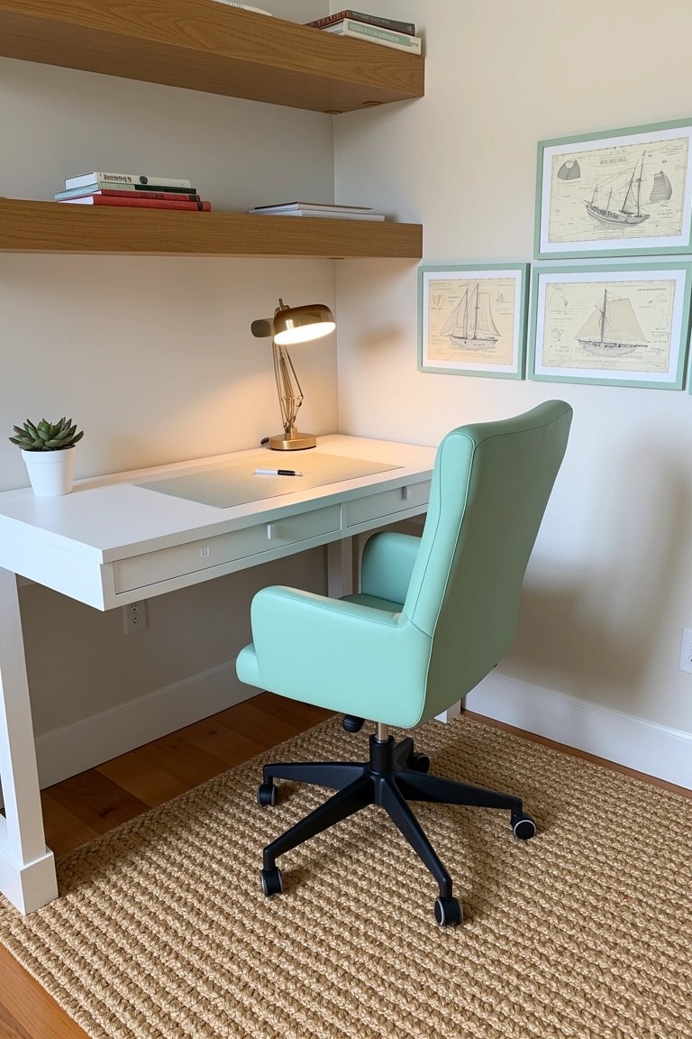 Mint green office chair at a white desk in a light coastal home office with wooden floating shelves, nautical ship prints, lamp, and seagrass rug