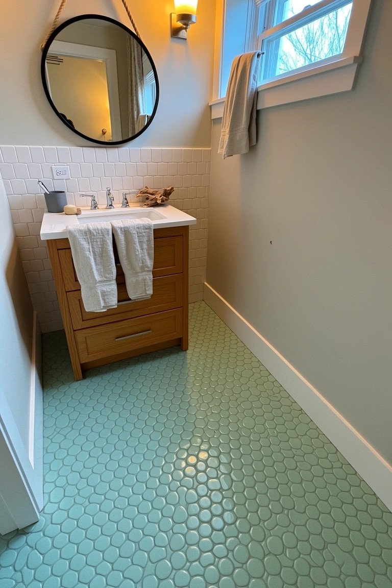 Coastal bathroom with mint green bubble floor tiles, white subway walls, and wooden vanity