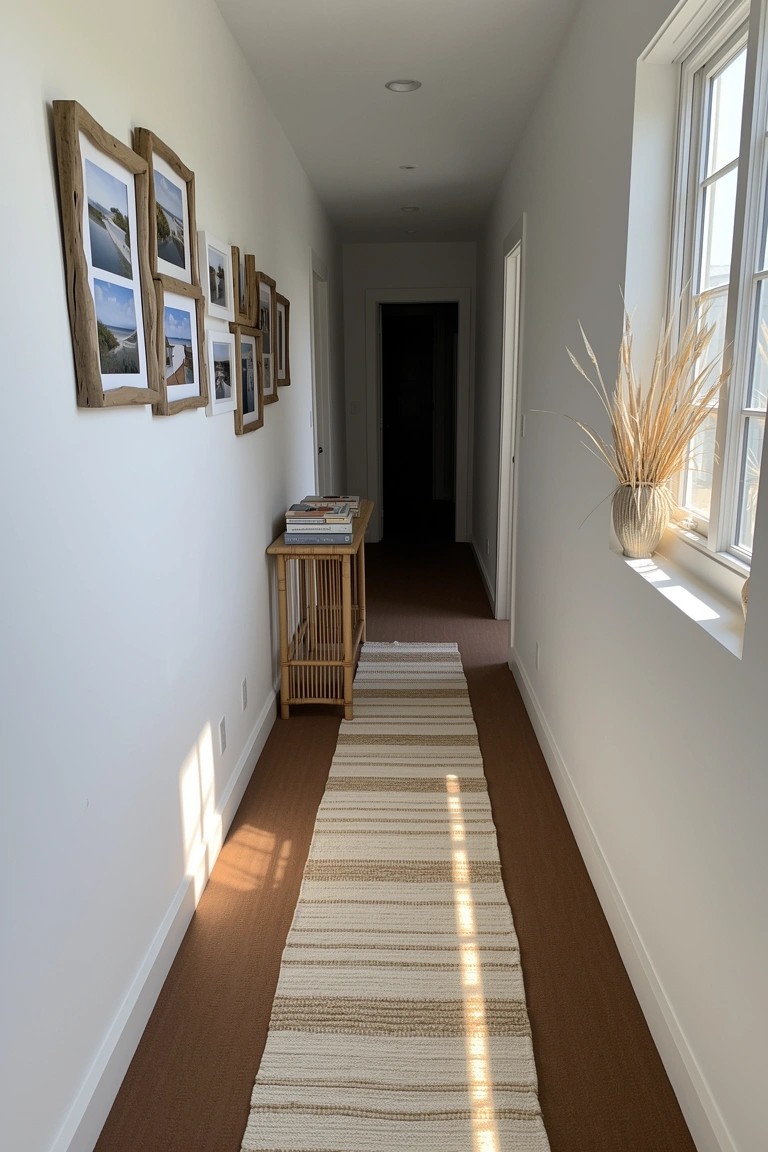 Sunlit hallway with white walls, light wood floors, beige striped runner rug, wooden side table, and grouped framed photos