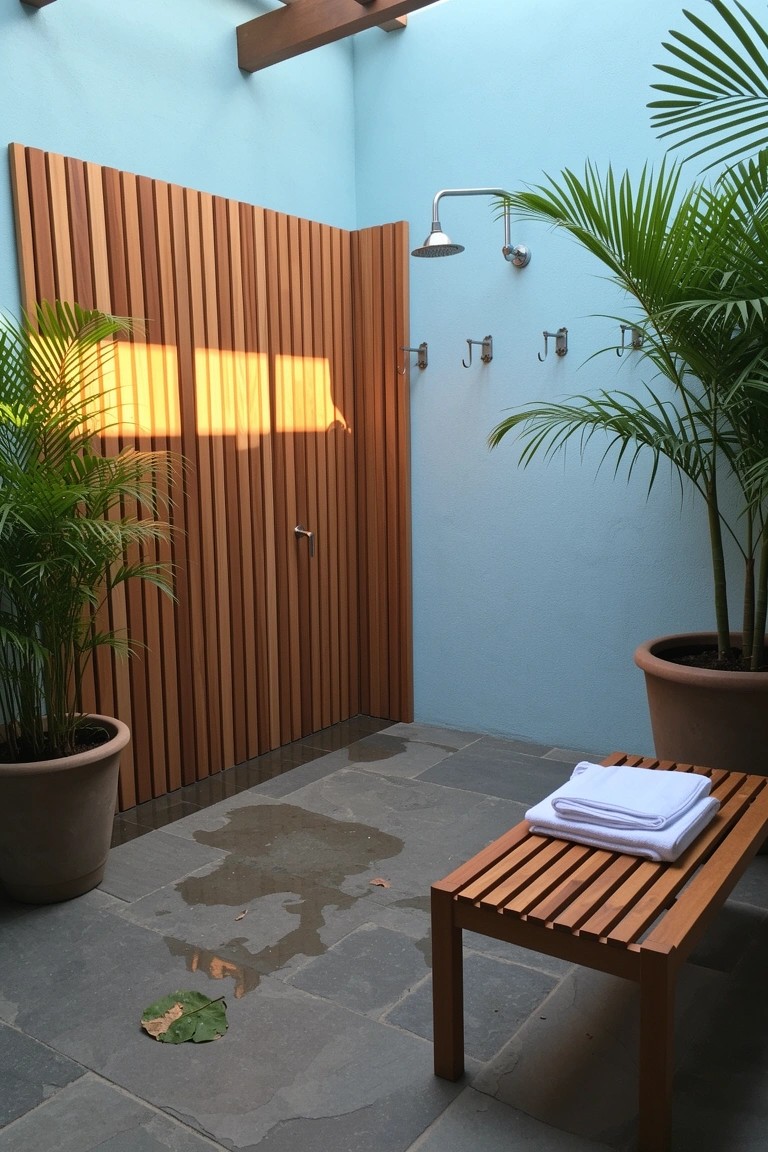 Open-air outdoor shower with light blue walls, teak wood privacy panels and bench, potted palms, and white towels on a wet slate floor