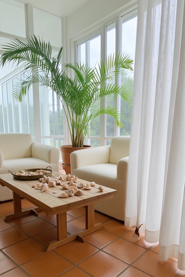Sunlit sunroom with cream armchairs around a wooden coffee table holding a pile of seashells, tall potted palm plant nearby, sheer white curtains on large windows, and terracotta tile floor