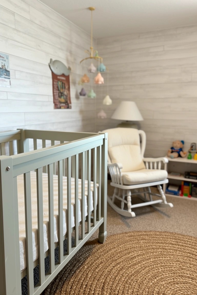 Nursery room featuring whitewashed shiplap walls, a pale green crib, white rocking chair, and seagrass area rug