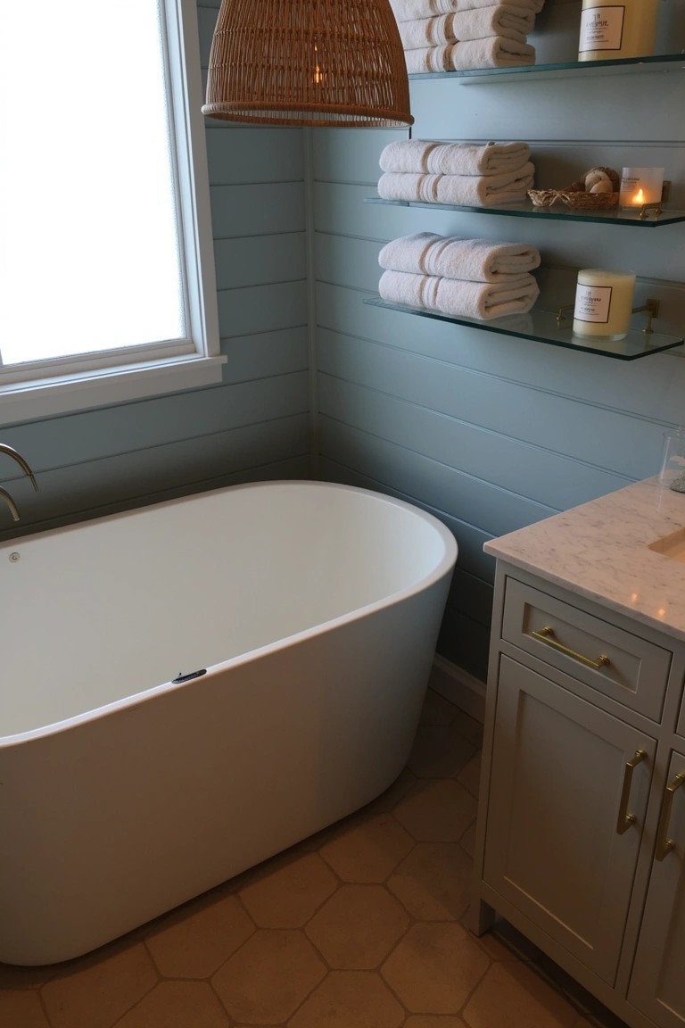 Coastal bathroom featuring pale blue shiplap walls, freestanding white bathtub, marble-top vanity with gold hardware, glass shelves with folded towels and candles, rattan pendant light