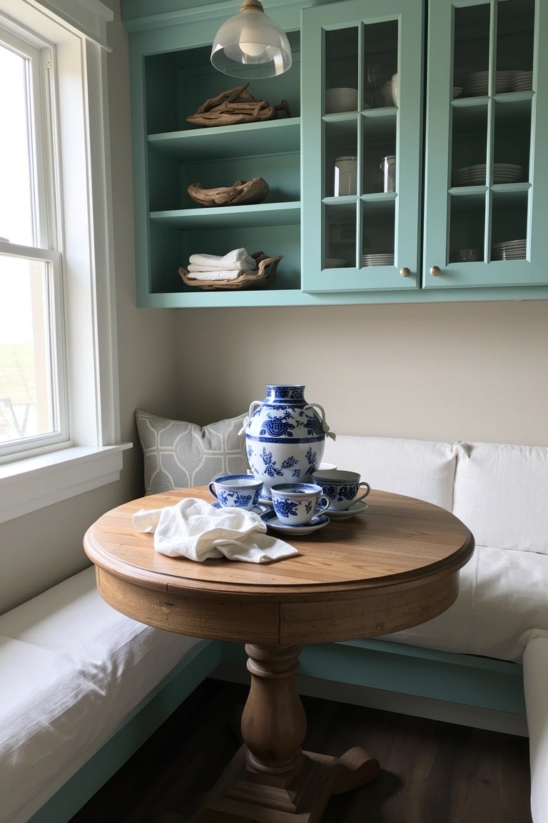 Cozy corner kitchen nook featuring soft teal upper cabinets with glass doors, a round wooden pedestal table set with blue and white porcelain teacups and vase, and white bench seating by a window