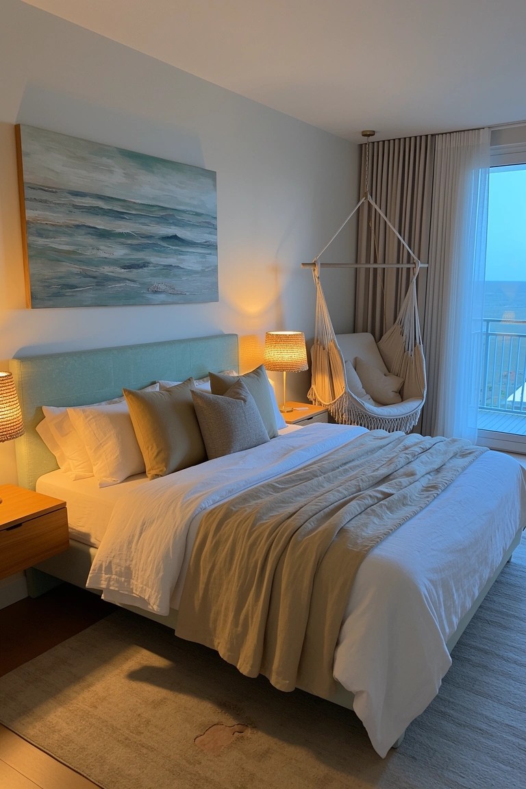 Modern coastal bedroom featuring a soft teal upholstered headboard on a king bed with white sheets, beige throw, neutral pillows, hanging egg chair, and warm lamp lighting