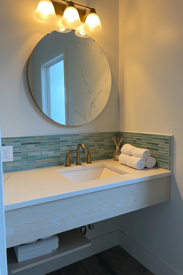 Modern coastal bathroom vanity with teal mosaic tile backsplash, round mirror, white countertop, brass faucet, and folded towels