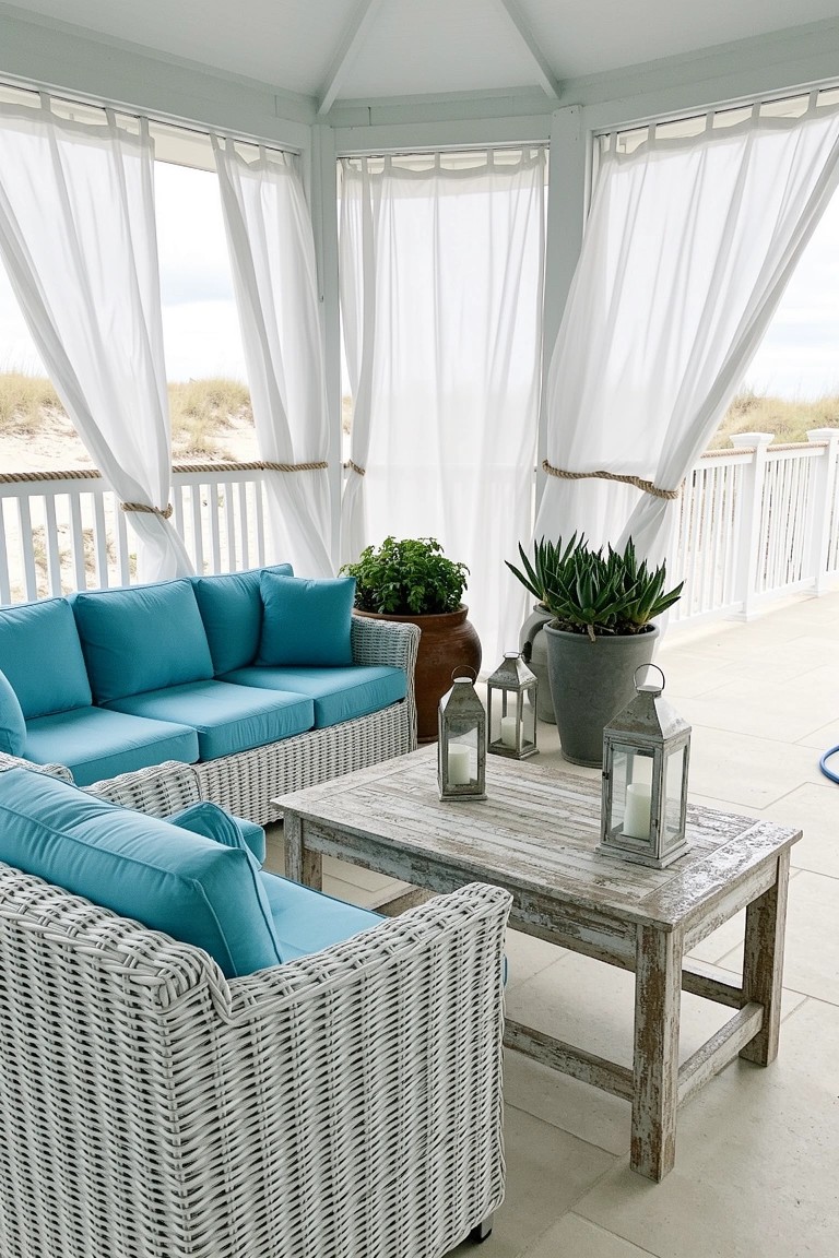 Coastal outdoor seating area with turquoise cushions on white wicker sofa and chairs, rustic wood coffee table, potted plants, lanterns, and sheer white curtains framing a beach view