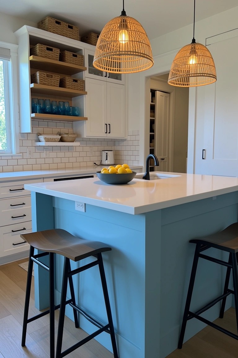 Turquoise kitchen island with white cabinets, rattan pendant lights, and bowl of lemons