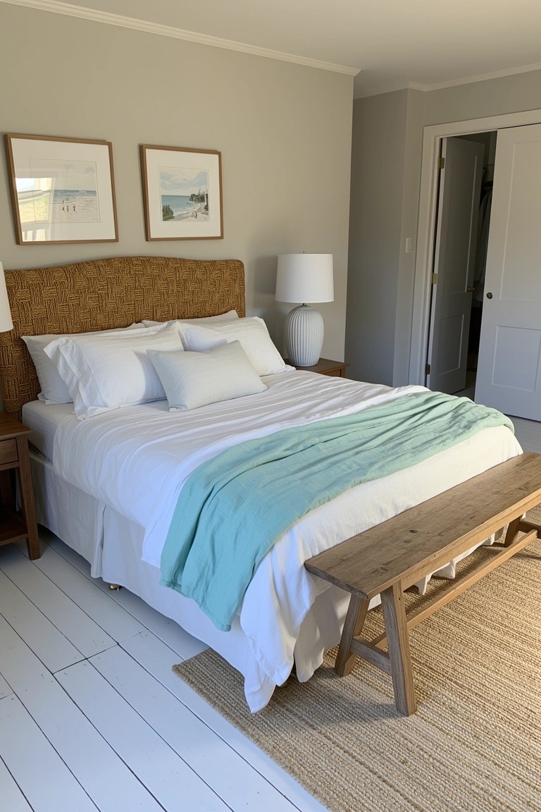 Bedroom with rattan headboard, white bedding topped by turquoise throw, wooden bench at foot, seagrass rug on white floors, and simple beach art