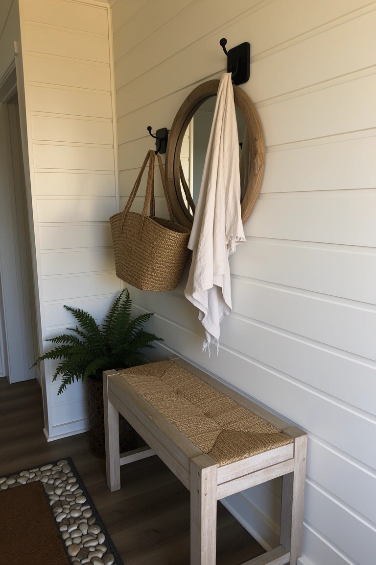 Coastal entryway with white shiplap walls, light woven bench, hanging straw bag and towel on hooks beside round mirror, potted fern plant