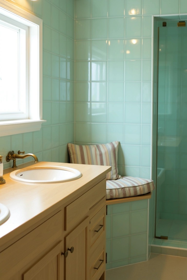 Turquoise tiled bathroom with wooden vanity, white sinks, brass faucet, and built-in cushioned bench by the shower