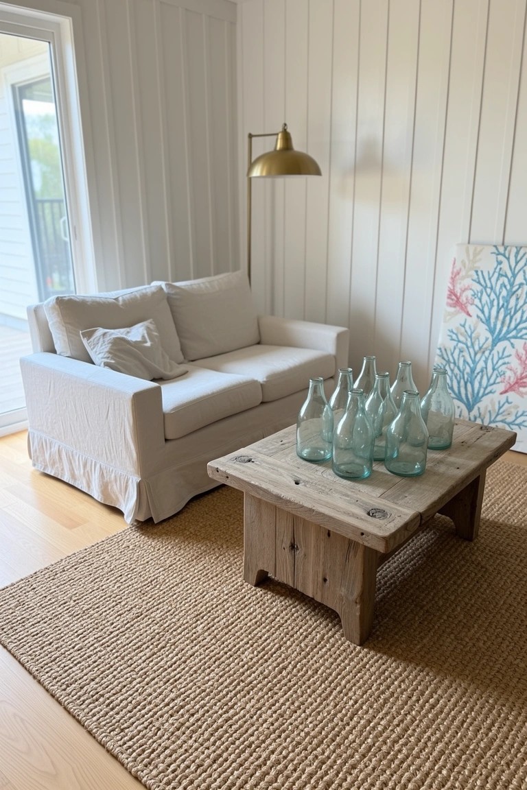 Cozy beach-style living corner featuring white shiplap walls, slipcovered white sofa, rustic wooden coffee table with clustered blue glass bottles, seagrass rug, brass floor lamp, and coral wall art