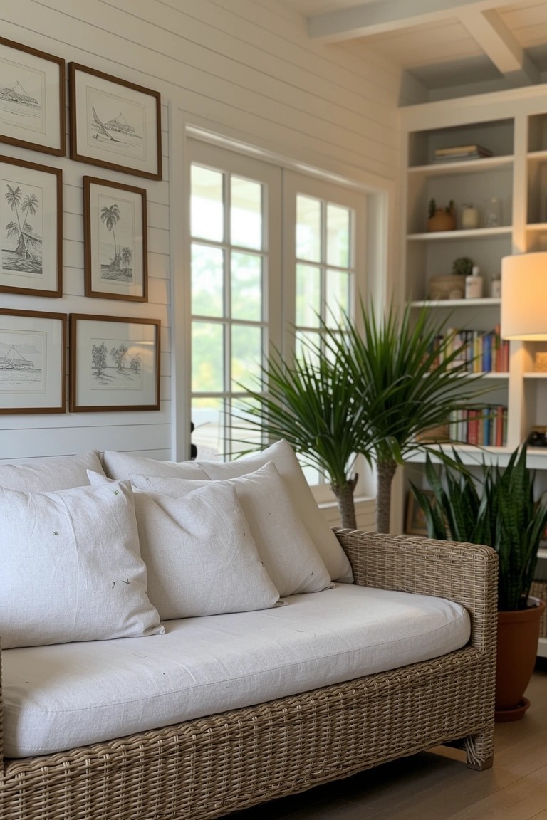 White rattan sofa with cushions in a light shiplap room with potted plants and framed art