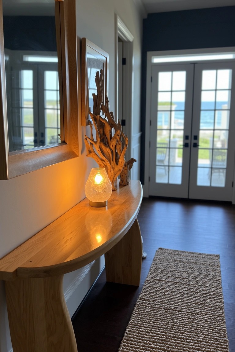 Curved wooden console table with driftwood and lit lantern in airy beach hallway