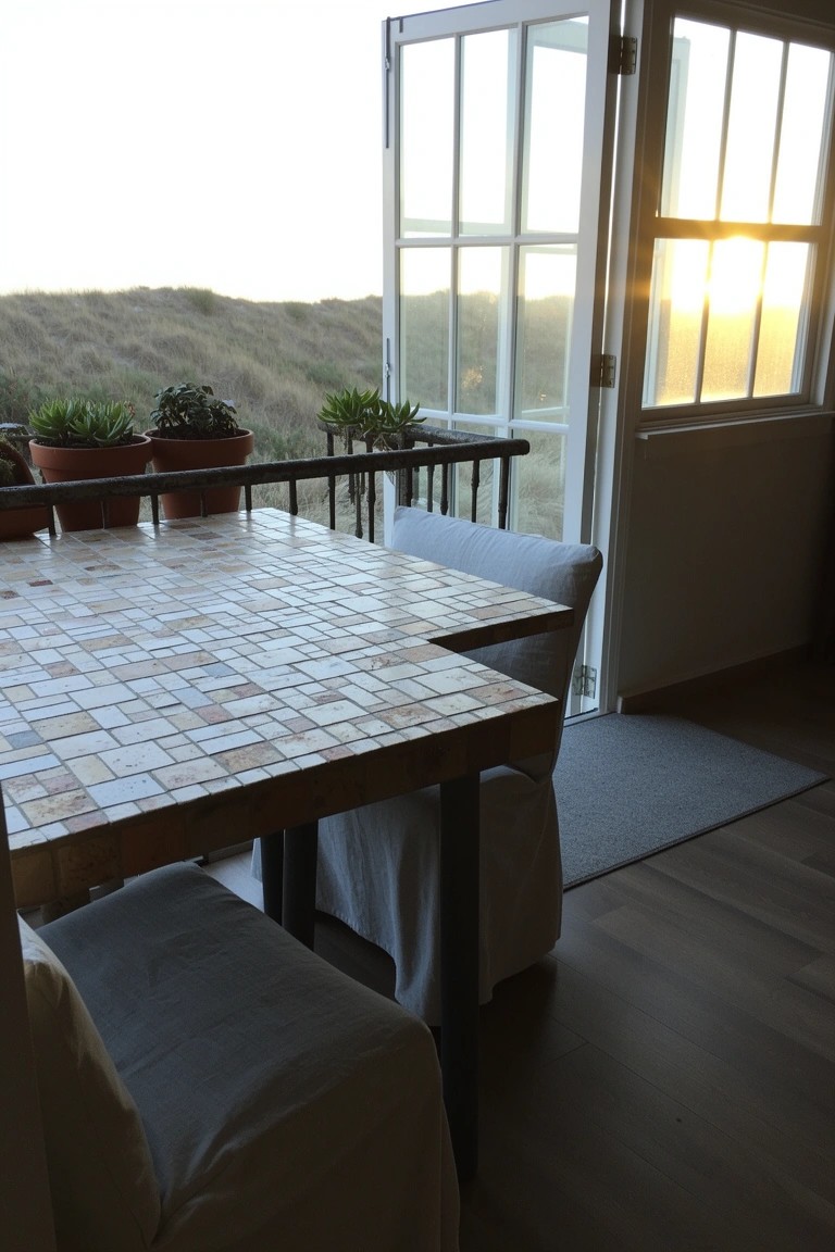 Beach house dining table with slipcovered chairs next to open French doors and planted balcony railing