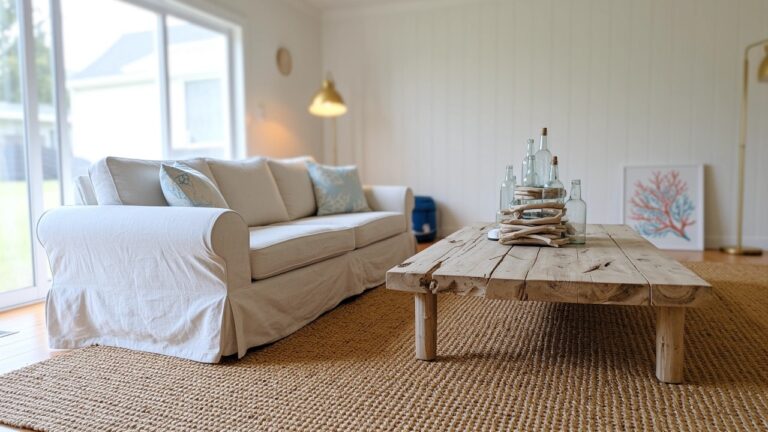 Cozy beach-style living corner featuring white shiplap walls, slipcovered white sofa, rustic wooden coffee table with clustered blue glass bottles, seagrass rug, brass floor lamp, and coral wall art