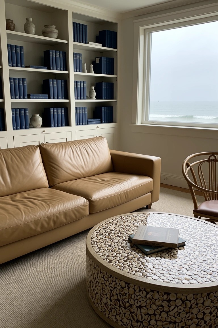 Beach house room with white built-in bookshelves filled with blue books and ceramics, tan leather sofa, rattan chair around a round shell-inlaid coffee table, large window to ocean
