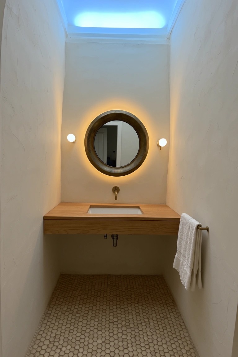 Compact powder room featuring a floating oak wood vanity with round lit mirror, white walls, blue ceiling glow, and hexagonal tile floor