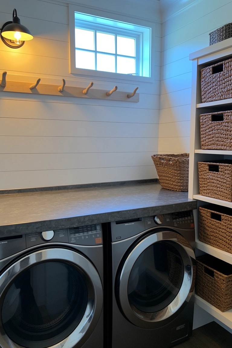 White shiplap laundry room with front-loading washer and dryer, countertop, open shelves holding wicker baskets, wall hooks, and a pendant light