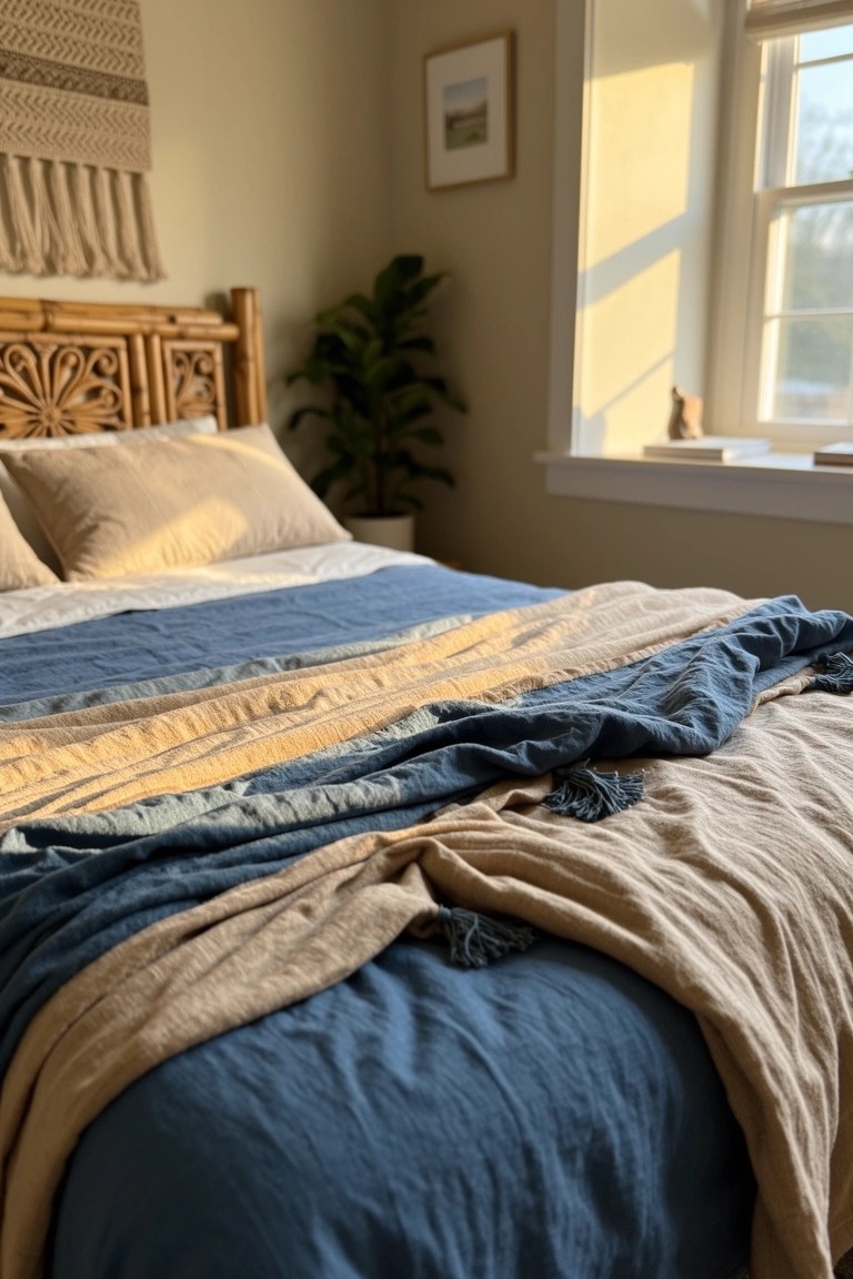 Bedroom corner with bamboo headboard, layered navy and beige linen bedding, macrame hanging, potted plant, and window light